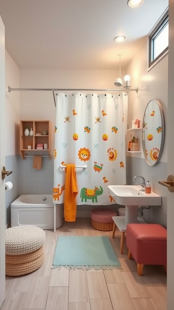 A colorful kids bathroom with a fun animal-themed shower curtain.