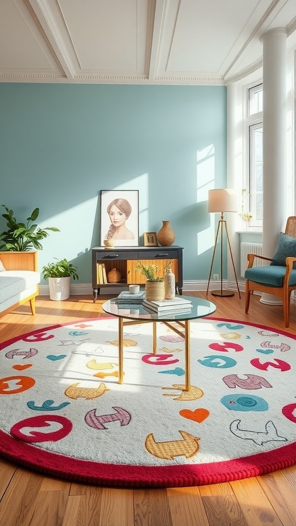 A colorful, playful area rug with various shapes in a girly room setting.