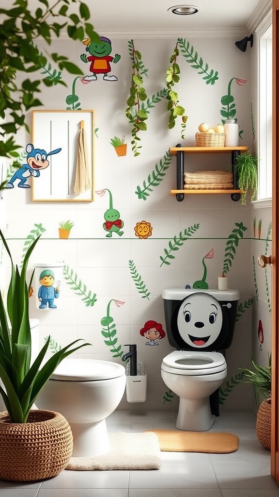 A colorful kids bathroom featuring playful characters, green ferns, and cheerful decor
