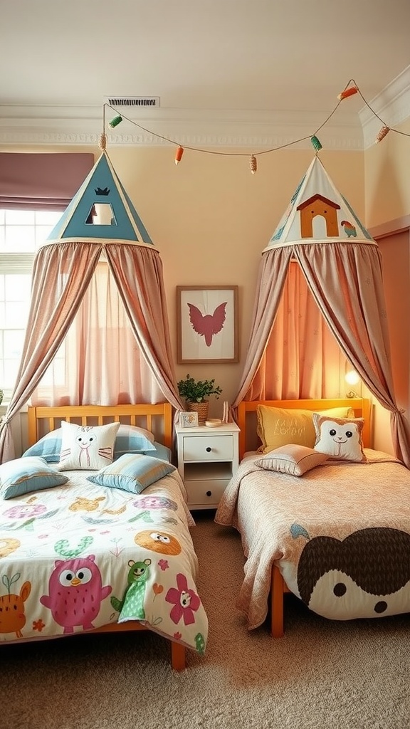 A boy-girl shared bedroom with fun themed bed canopies in the shape of little houses, featuring colorful bedding and playful pillows.
