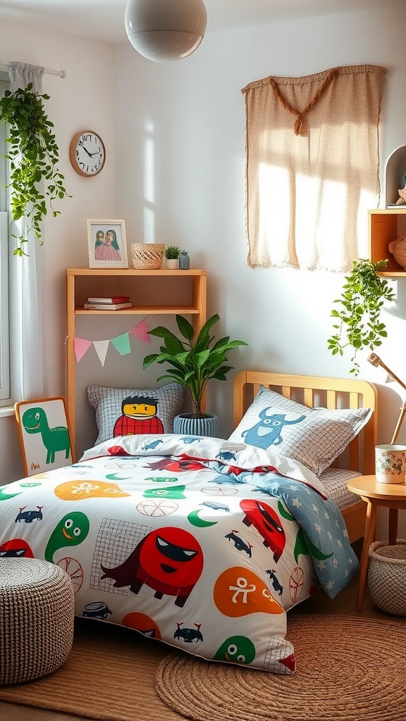 A colorful kids bedroom featuring fun themed bed linens with playful designs and patterns.