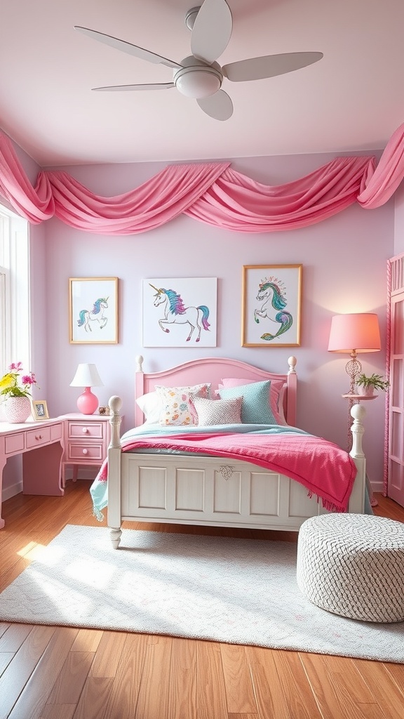 A tween girl's bedroom decorated in pink with unicorn-themed decor, featuring a white bed, colorful pillows, and playful artwork.
