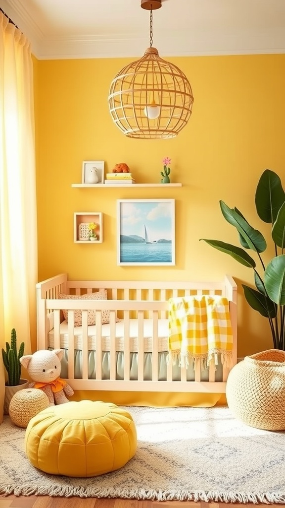 A bright yellow nursery featuring a crib, playful decor, and a cozy atmosphere.