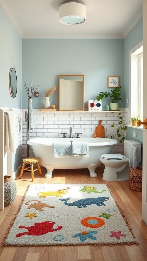 A colorful themed rug with playful animal designs in a kids' bathroom