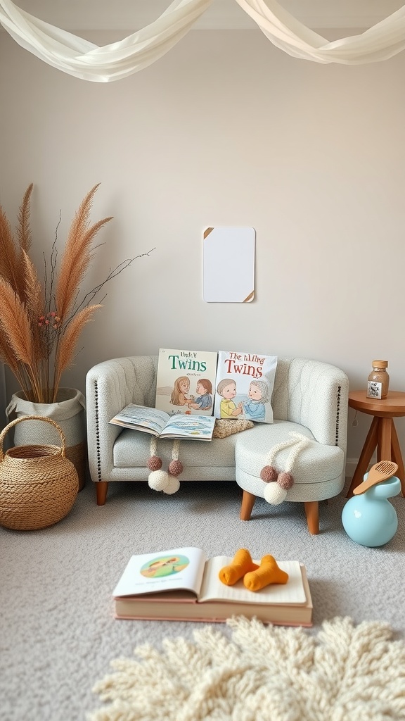 A cozy living area with twin-themed storybooks on a soft couch, surrounded by decorative elements.