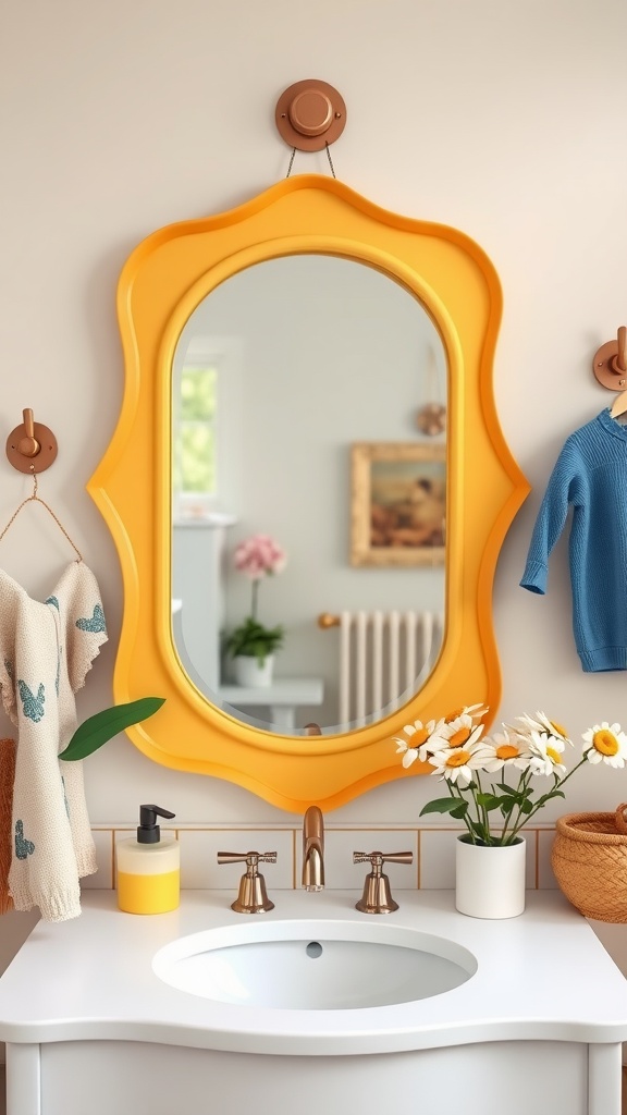 Bright yellow vanity mirror with a rounded frame in a children's bathroom, surrounded by flowers and hanging clothes.