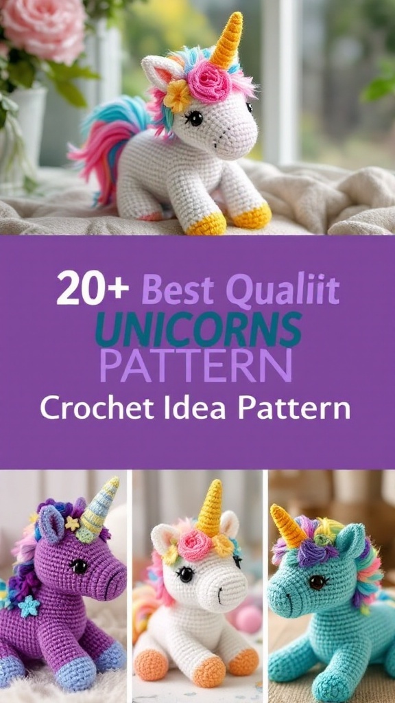 A collection of crocheted unicorns in various colors and designs.
