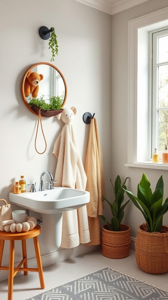 A toddler-friendly bathroom featuring black wall hooks with soft towels, a mirror with a stuffed bear, and plants for a cheerful atmosphere.