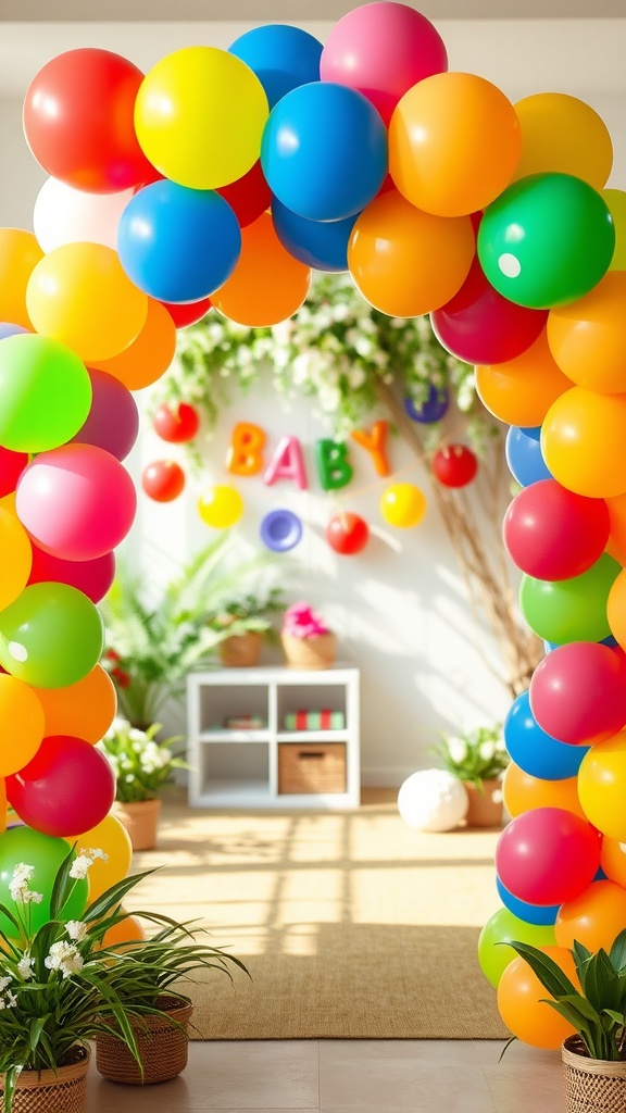 A colorful balloon arch in bright colors with a festive atmosphere, welcoming guests to a celebration.
