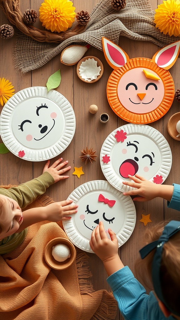 Children making colorful paper plate masks with various decorations.