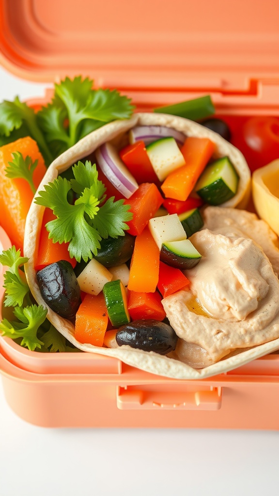A colorful wrap filled with assorted vegetables and hummus in a lunchbox