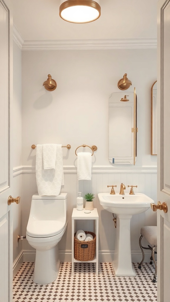 A stylish Jack and Jill bathroom featuring a toilet, sink, towel rack, and decorative accessories.