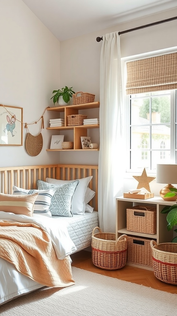 A cozy shared kids bedroom with warm colors, shelves, and functional accessories.