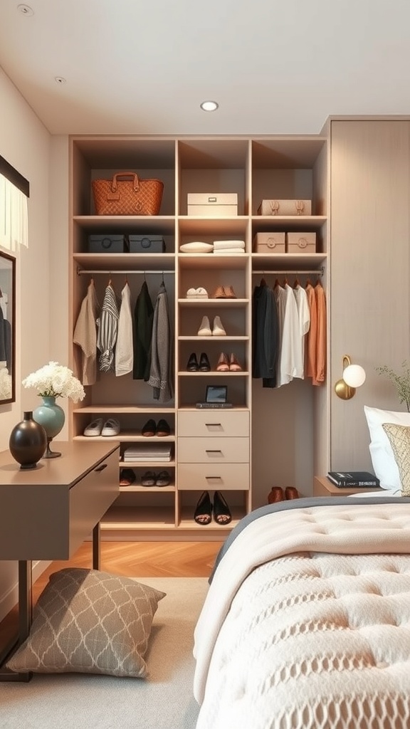 A modern walk-in wardrobe featuring pull-out racks for shoes and bags, showcasing an organized and stylish storage solution.