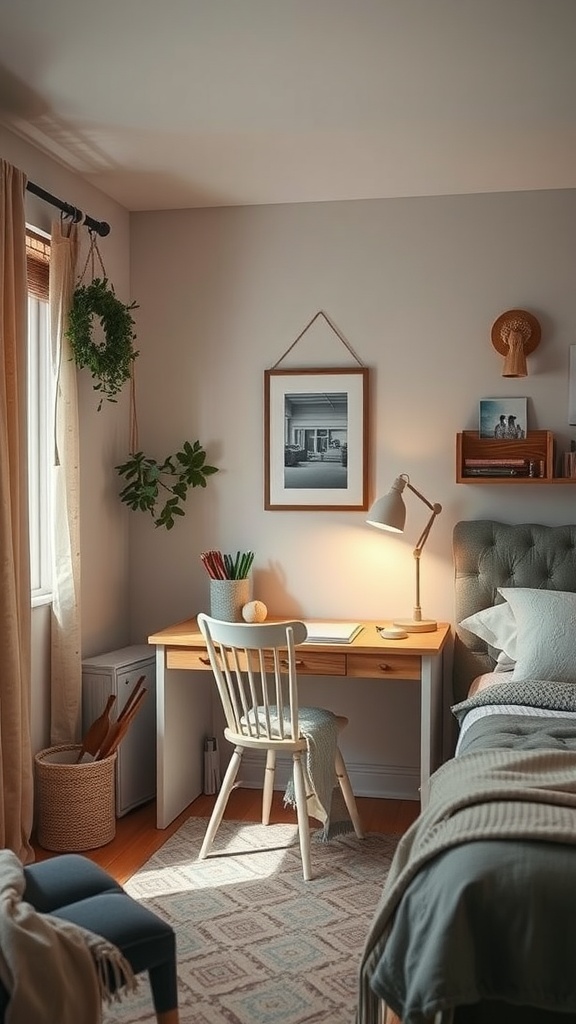 A cozy bedroom workspace featuring a wooden desk, a chair, and natural light.