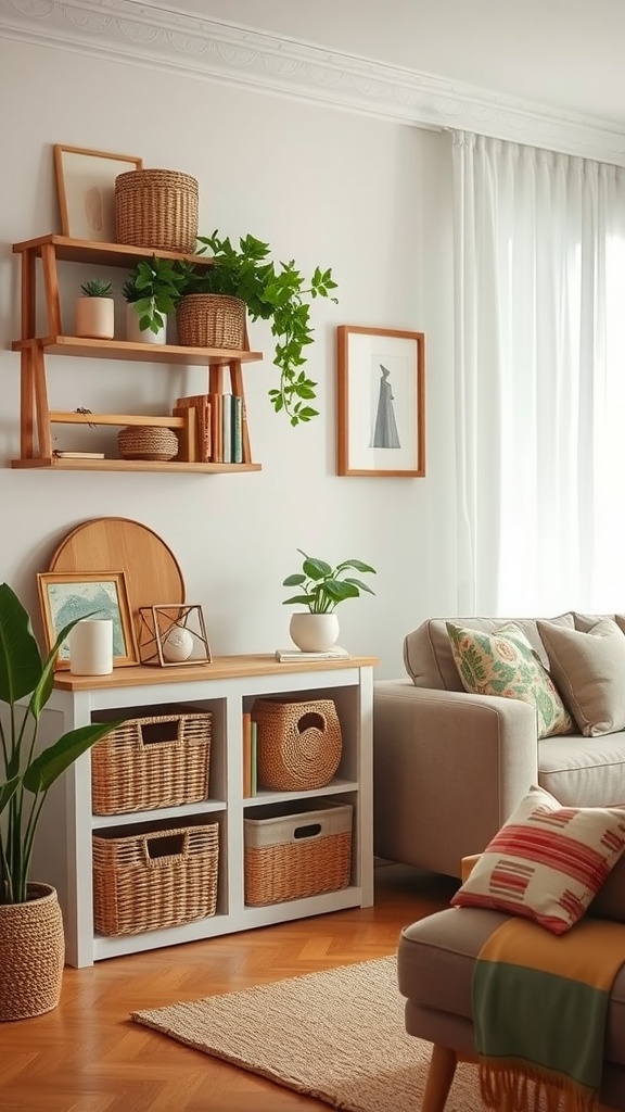 A family room featuring stylish storage solutions with wooden shelves, baskets, and decorative plants.