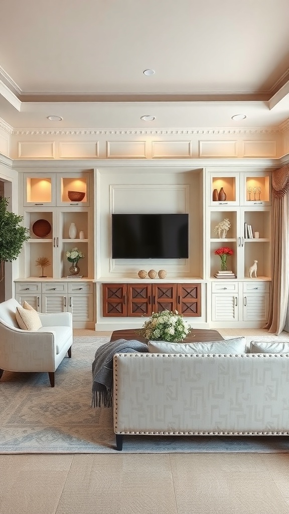 A formal living room featuring stylish built-in storage solutions with a light color scheme and decorative accents.