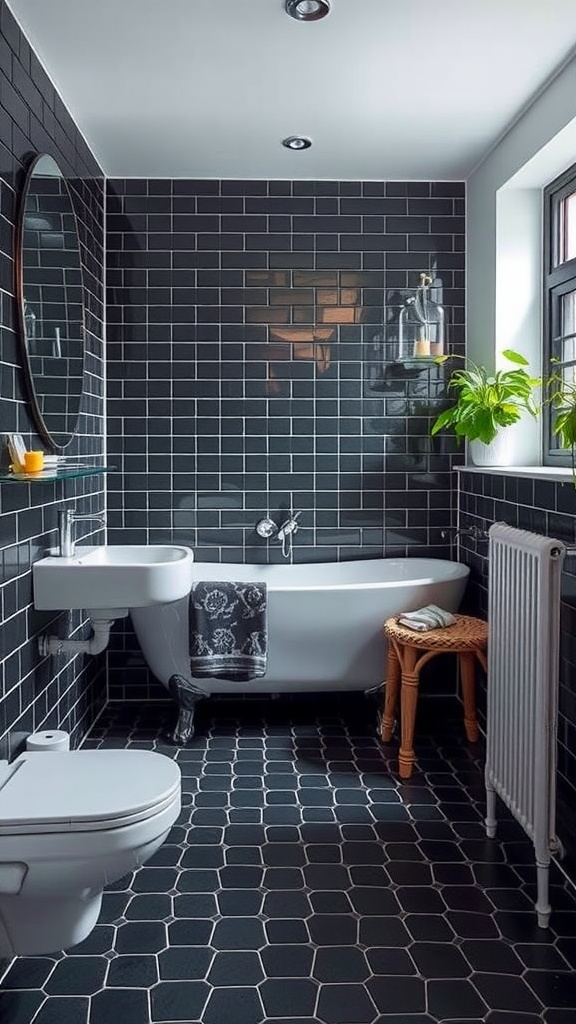 Stylish bathroom with black hexagon tile floor and modern fixtures