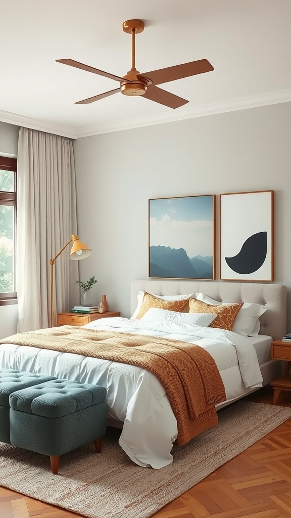 A stylish bedroom featuring a cozy bed, textured blanket, tufted ottoman, and modern wall art.