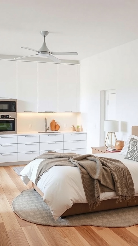 A minimalist kitchen with a sleek white backsplash and wooden flooring.