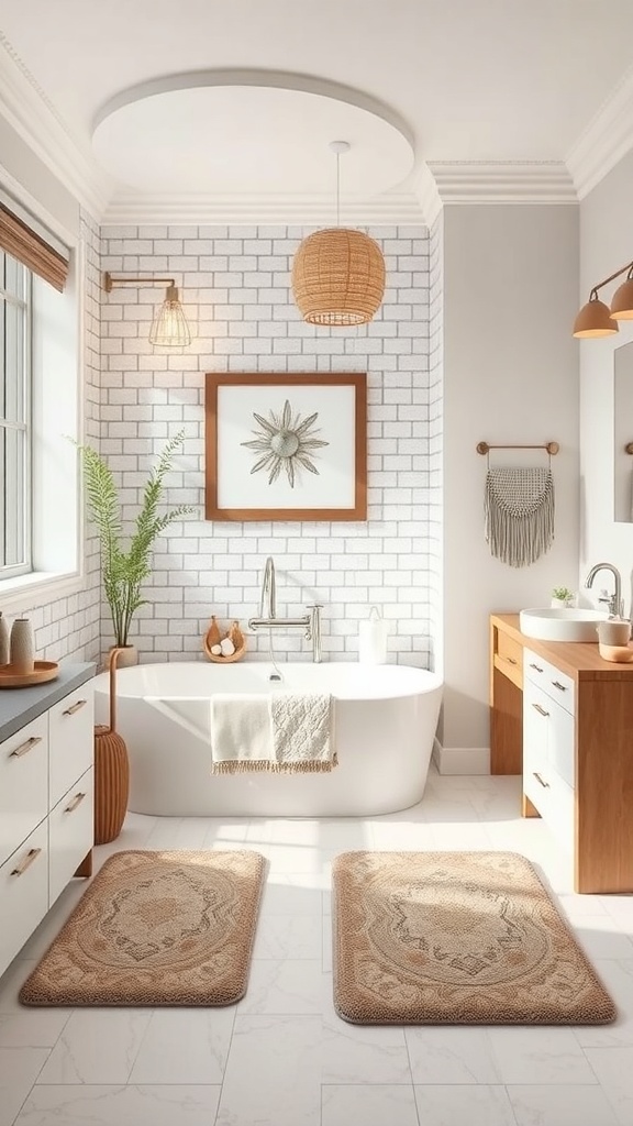 A modern bathroom featuring two decorative bath mats, a freestanding bathtub, and stylish decor.