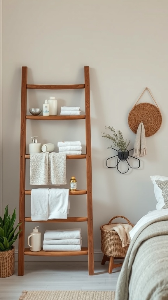 Wooden ladder used as a bathroom organizer with towels and toiletries