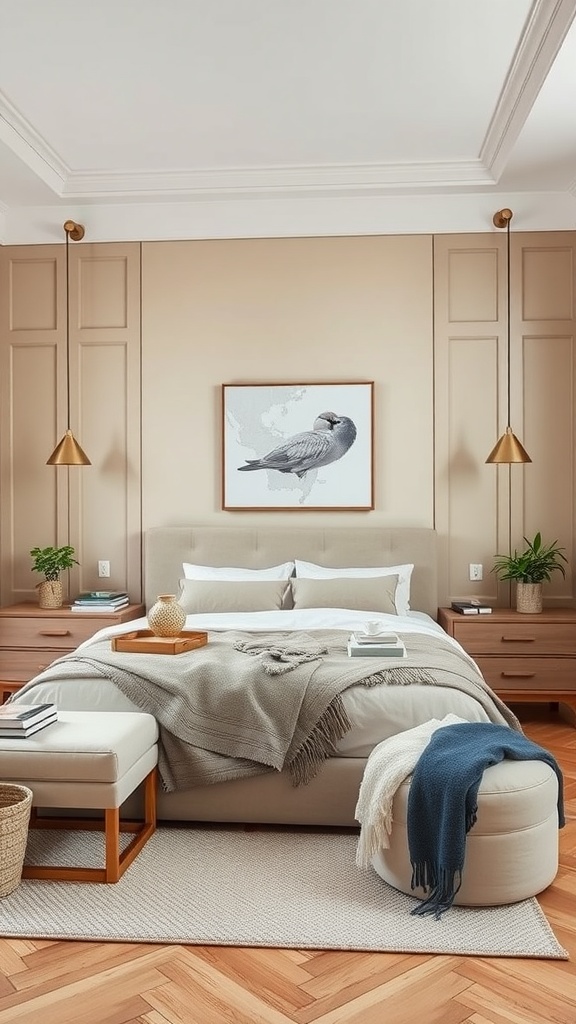 A cozy beige bedroom featuring a bed with soft linens, wooden nightstands, and stylish storage solutions.