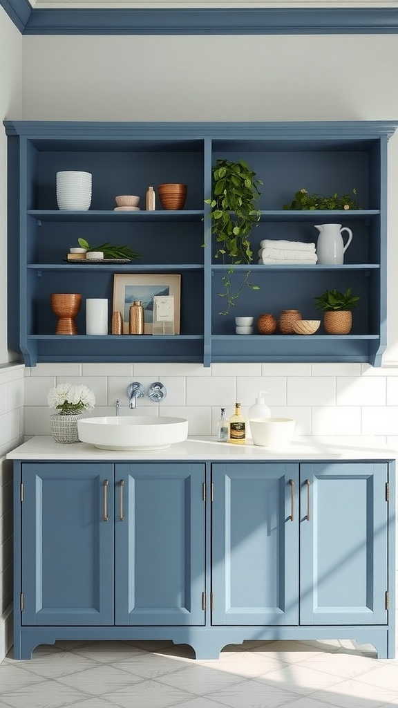 A stylish bathroom featuring blue shelving units and a matching vanity