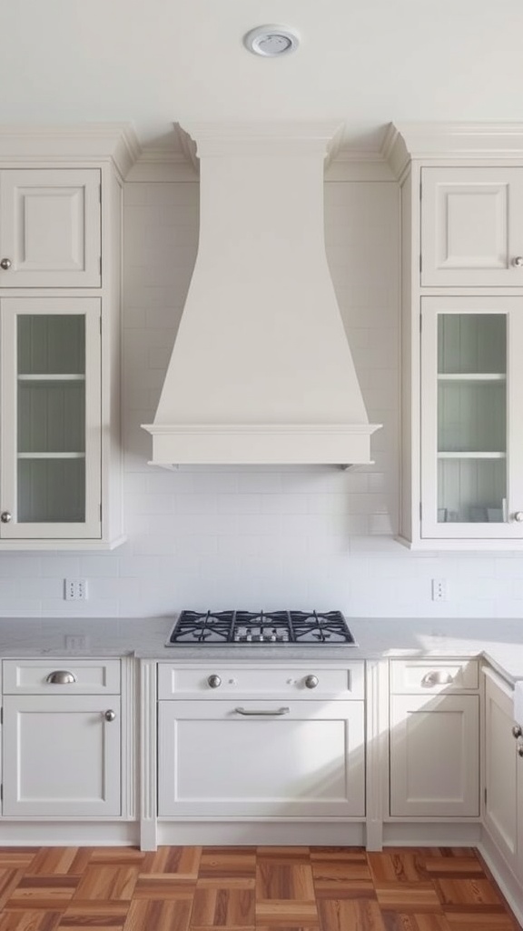 A modern kitchen featuring a sleek chimney with integrated storage cabinets and a gas stove.