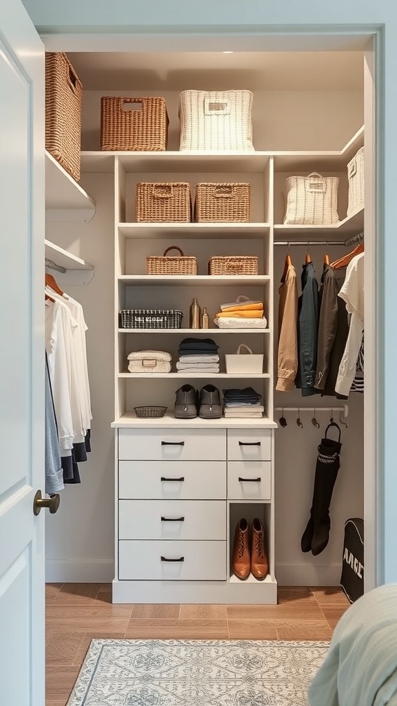 Organized closet in a guest bedroom with shelves and storage baskets