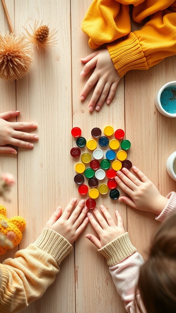 Children's hands arranging colorful bottle caps on a wooden table