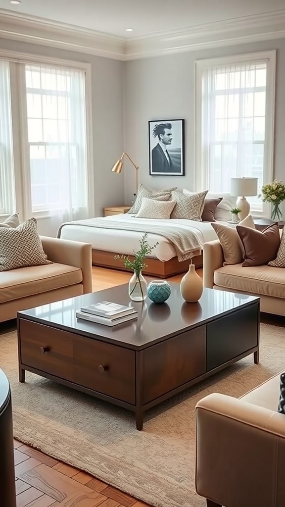A stylish living room featuring a functional coffee table with storage, surrounded by comfortable seating.