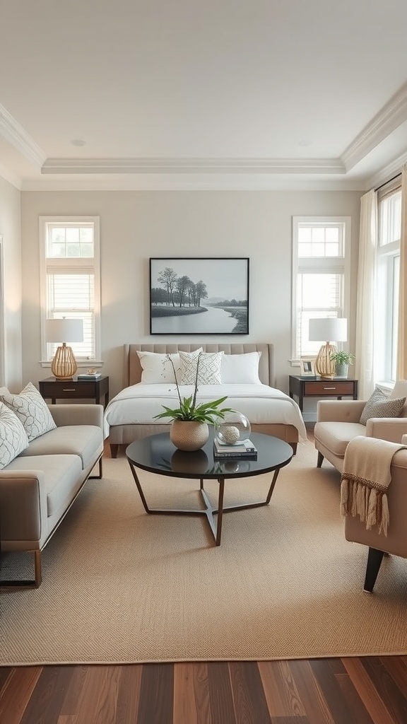 A cozy living room featuring a round black coffee table, beige sofas, and warm wood flooring.