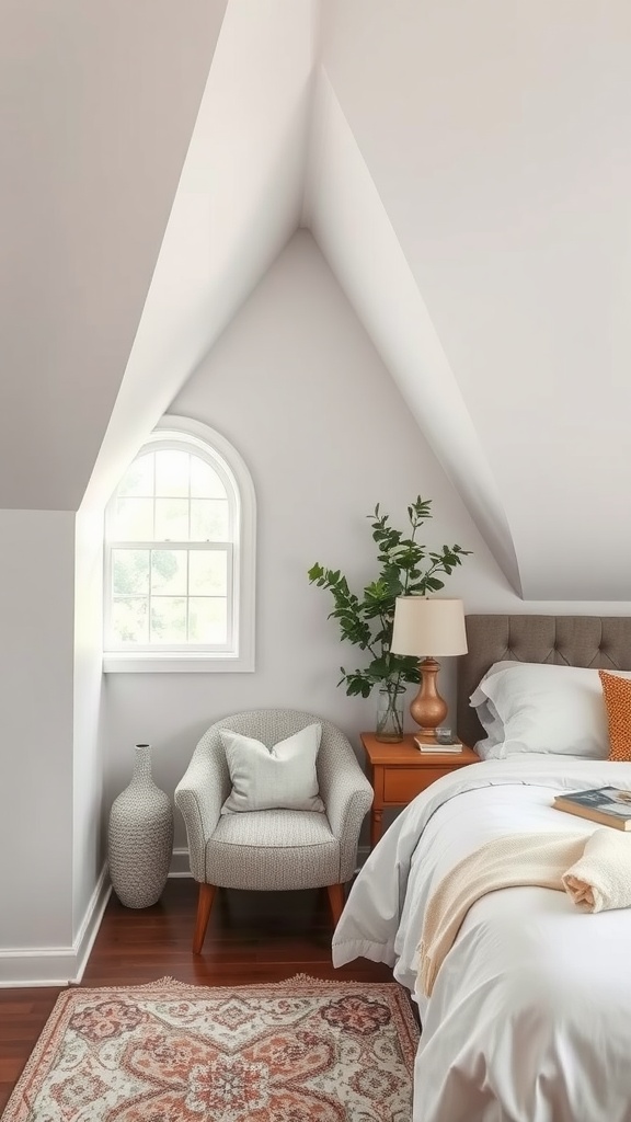 Cozy corner nook in a bedroom with sloped ceiling, featuring a chair, lamp, and plant.