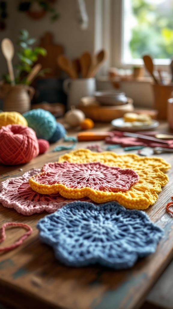 Colorful crochet dishcloths in a kitchen setting, showcasing vibrant yarn and crochet tools.