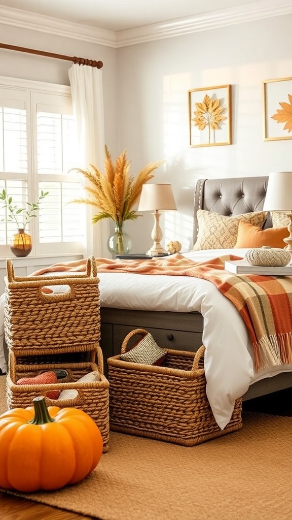 A cozy bedroom with woven storage baskets, a pumpkin, and fall decor.