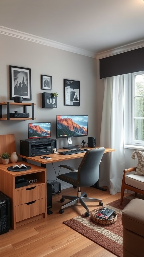 A functional gaming desk setup with dual monitors, wooden desk, and organized storage.