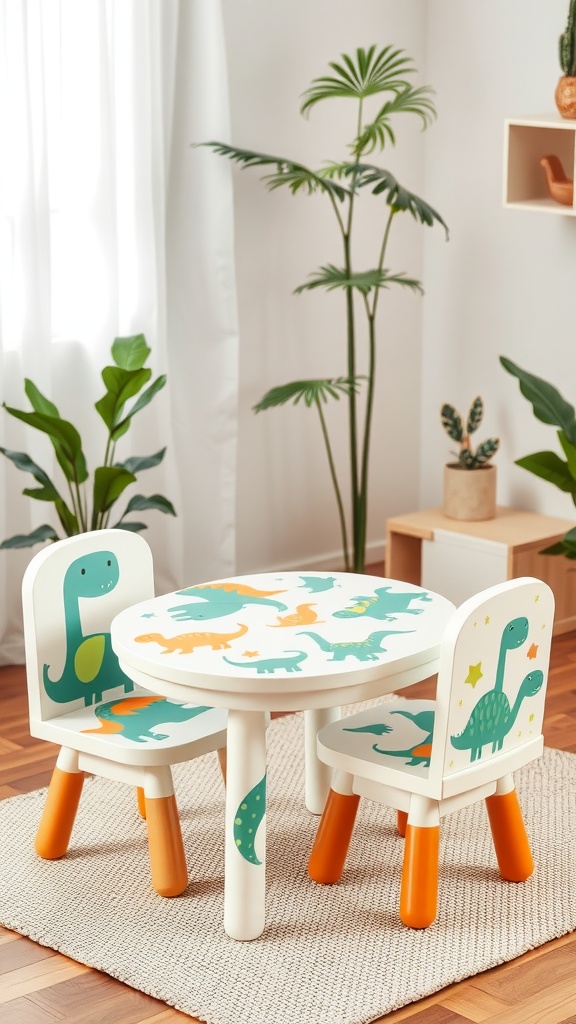 Dinosaur-themed table and chairs for toddlers in a bright room with plants.