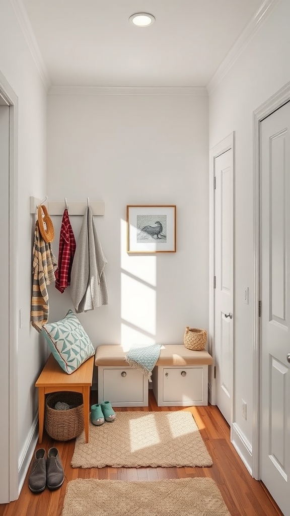 A bright hallway with a coat rack, bench, and decorative elements, designed for functionality in an L-shaped bedroom.