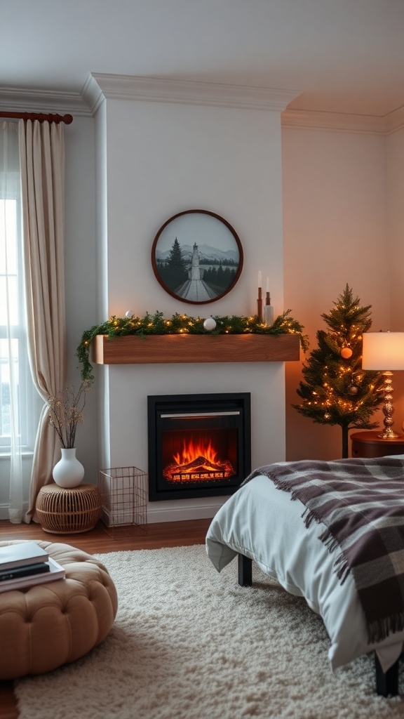 Cozy winter bedroom with a fireplace, decorated with a small Christmas tree and warm lighting.
