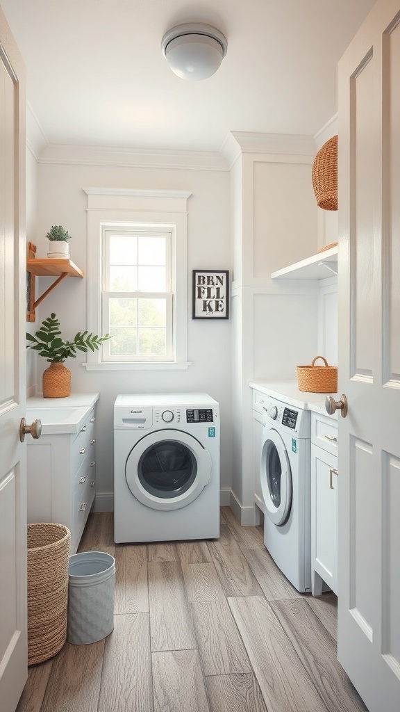 A small laundry room with light wood-like flooring, white cabinets, and modern appliances.