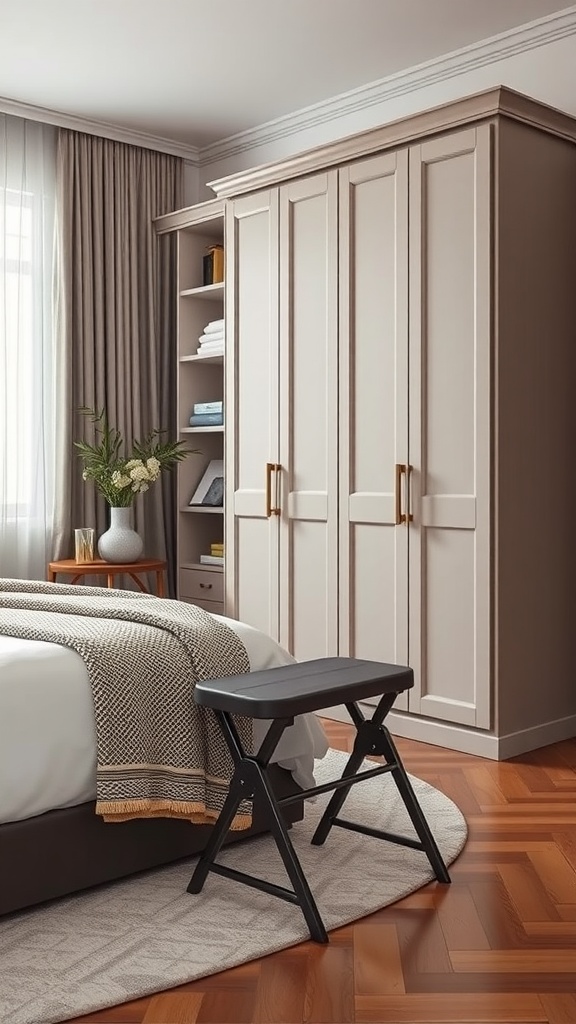 A foldable black step stool beside a bed in a stylish bedroom.