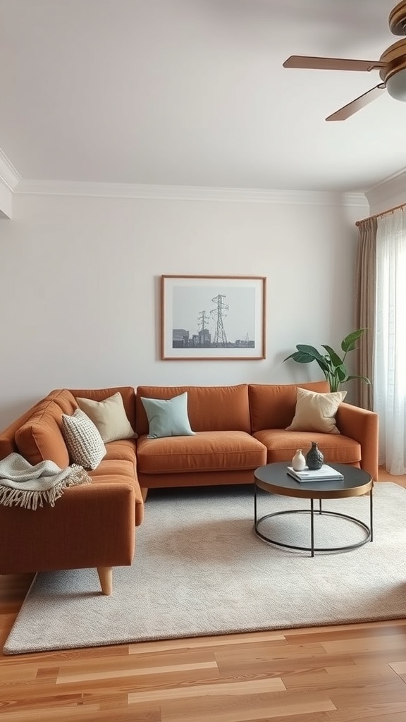 A cozy living room featuring a brown L-shaped couch, round coffee table, and a plant.
