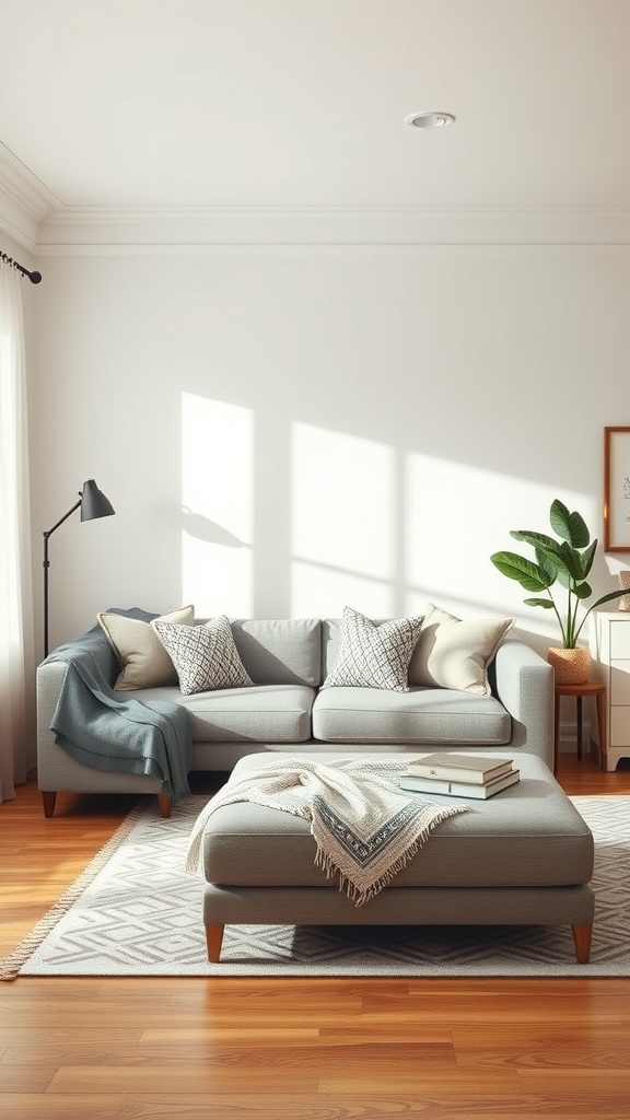 A stylish living room featuring a grey couch, ottoman, floor lamp, and plant.