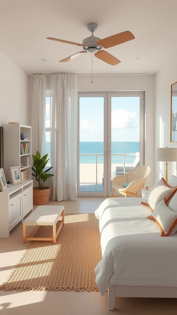 Bright beach bedroom with a view of the ocean, featuring a bed, a chair, and a cozy decor.