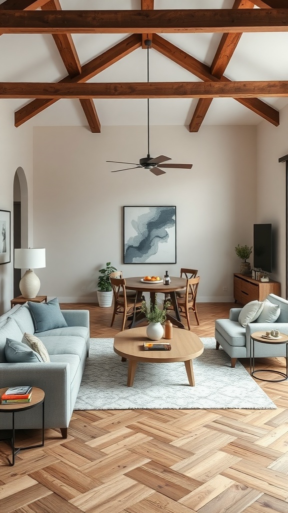 A cozy dining room and living room combo featuring a light-colored sofa, wooden dining table, and warm wooden beams.