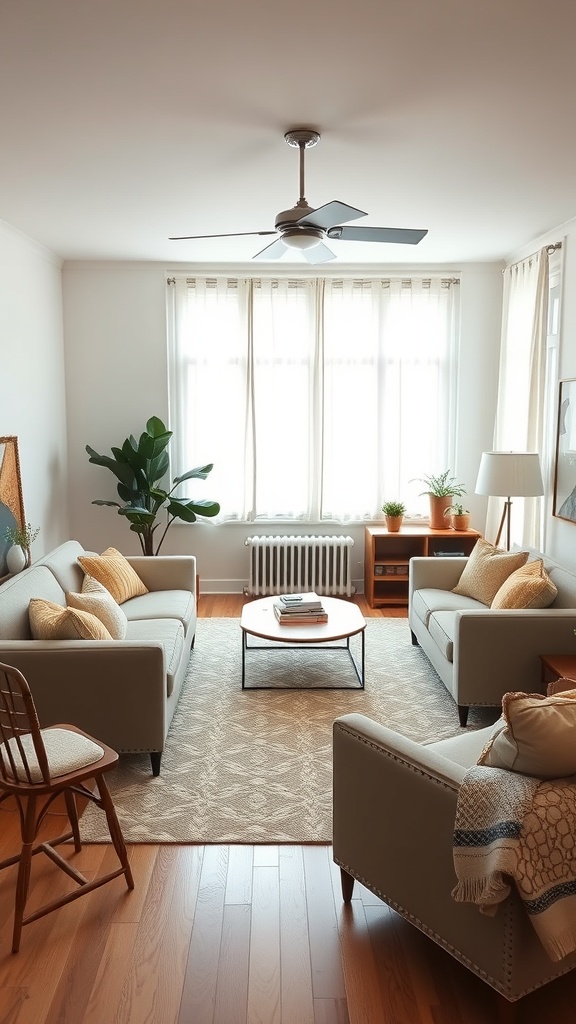 A cozy living room with two sofas facing each other, a coffee table in the center, and large windows letting in natural light.