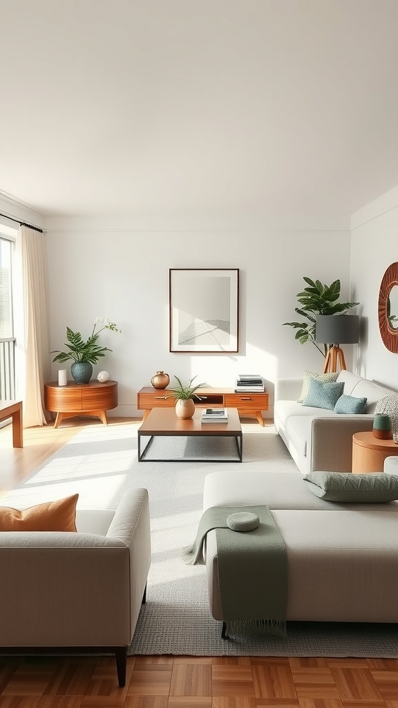 A cozy living room with a functional furniture arrangement featuring sofas, a coffee table, and plants.