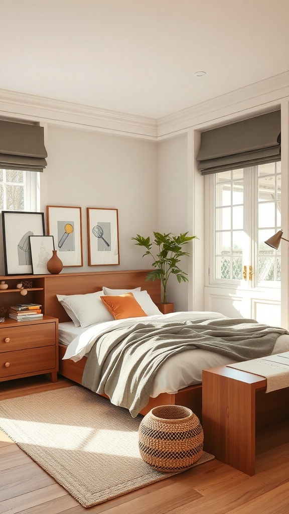 A cozy bedroom featuring a wooden bed, nightstands, and a woven basket, with natural light and plants.
