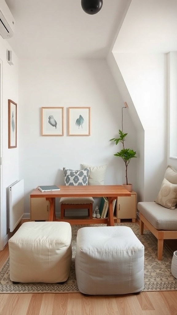 A minimalist living space featuring a wooden table, poufs, and wall art.